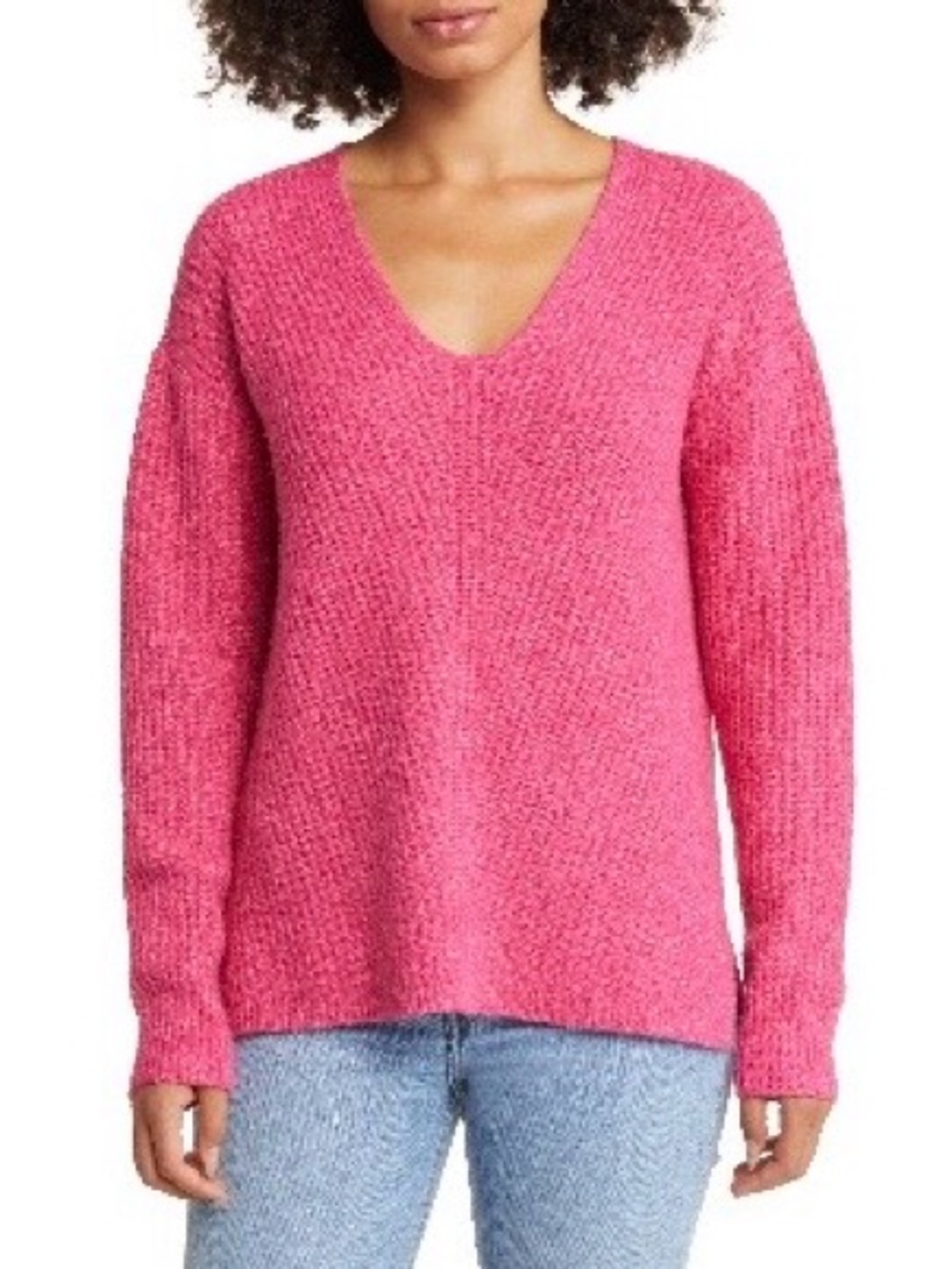 Caslon Pink Cabaret V Neck Textured Knit Slouchy Sweater Womens XS